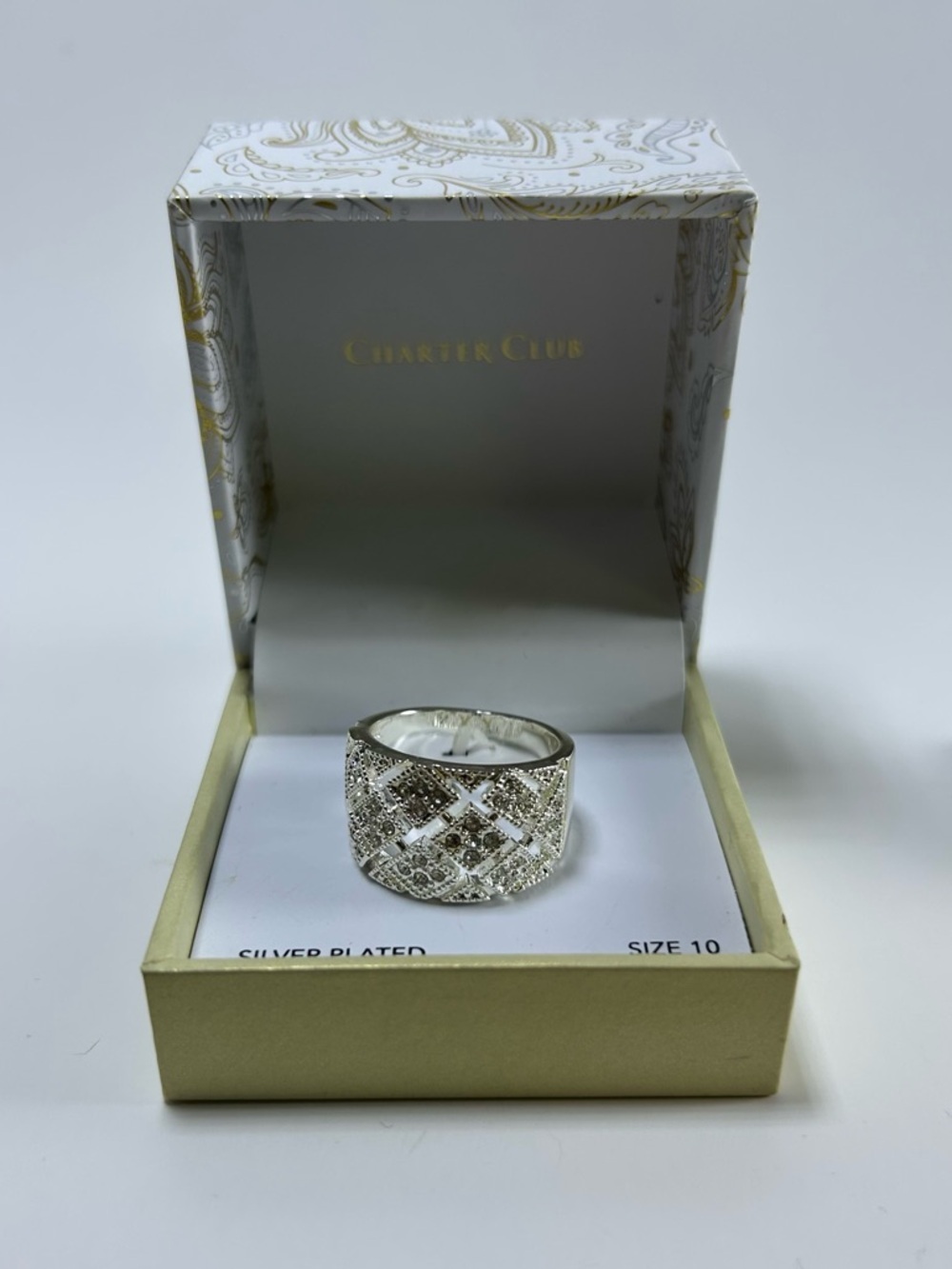 Charter Club Silver Wide Band Ring with Geometric Crystal Accents Silver Size 10 - Picture 3 of 9